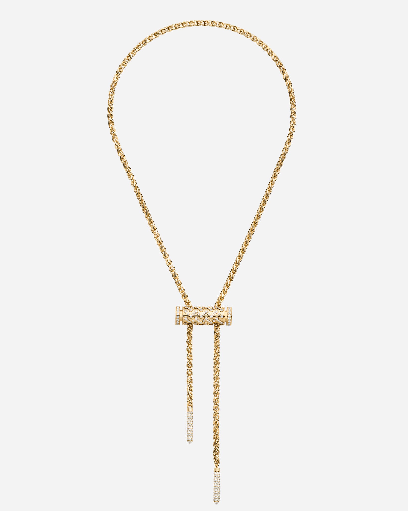 Gold necklace with a pendant on a white background