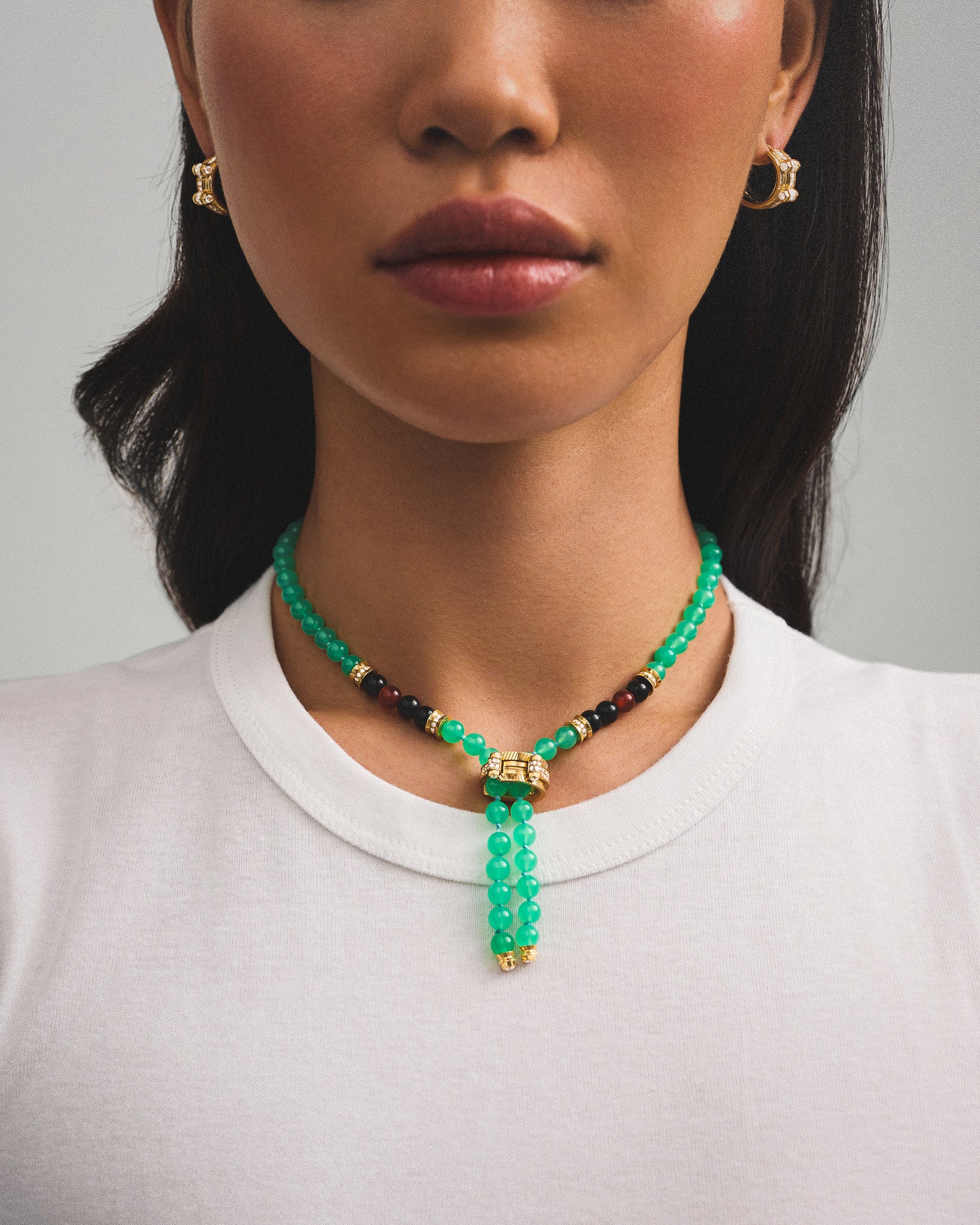 Chrysoprase Off Script Semi Paved Short Necklace in Yellow Gold