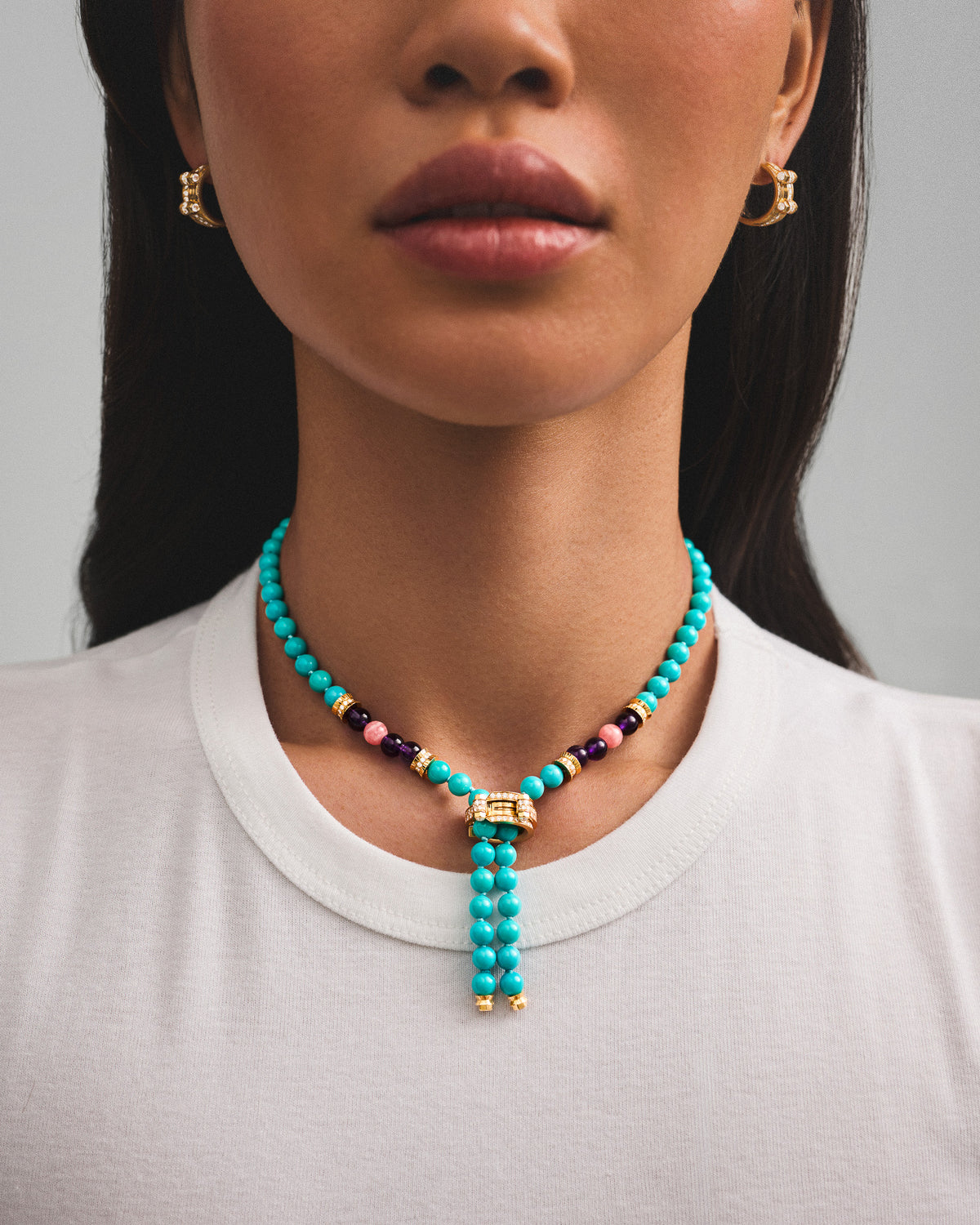 Turquoise Off Script Semi Paved Short Necklace in Yellow Gold