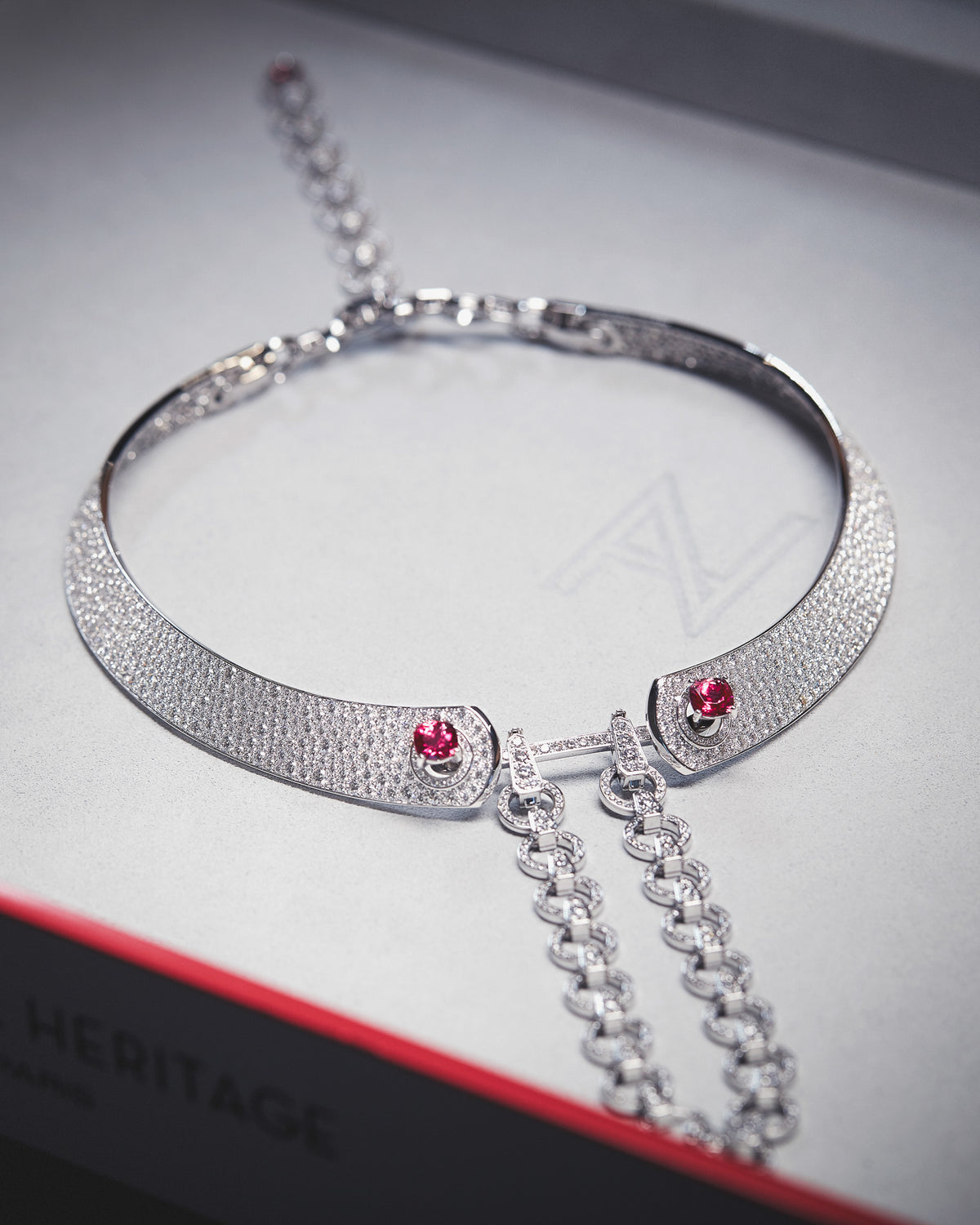 Mood Collar High Jewelry Necklace in white gold with pink gemstones, in a Nouvel Heritage box.